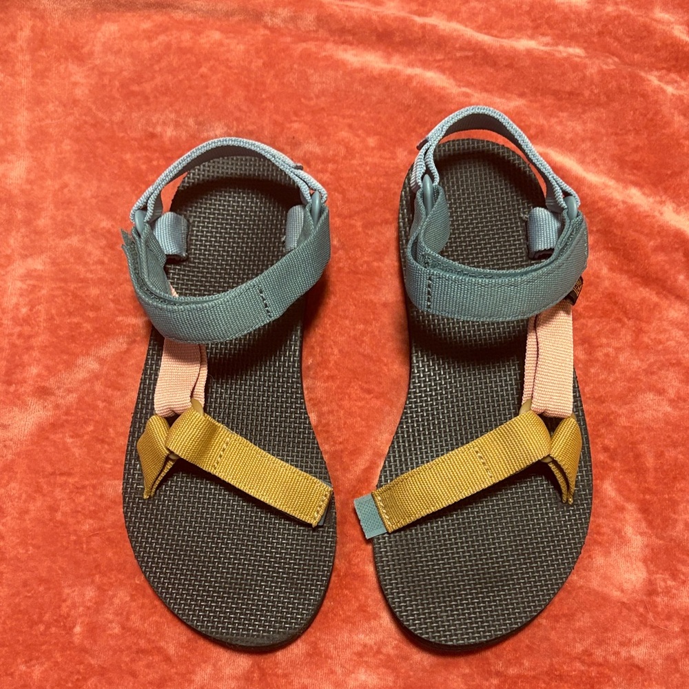 Teva Blue, Pink and Tan Strappy Sandals Size 8.